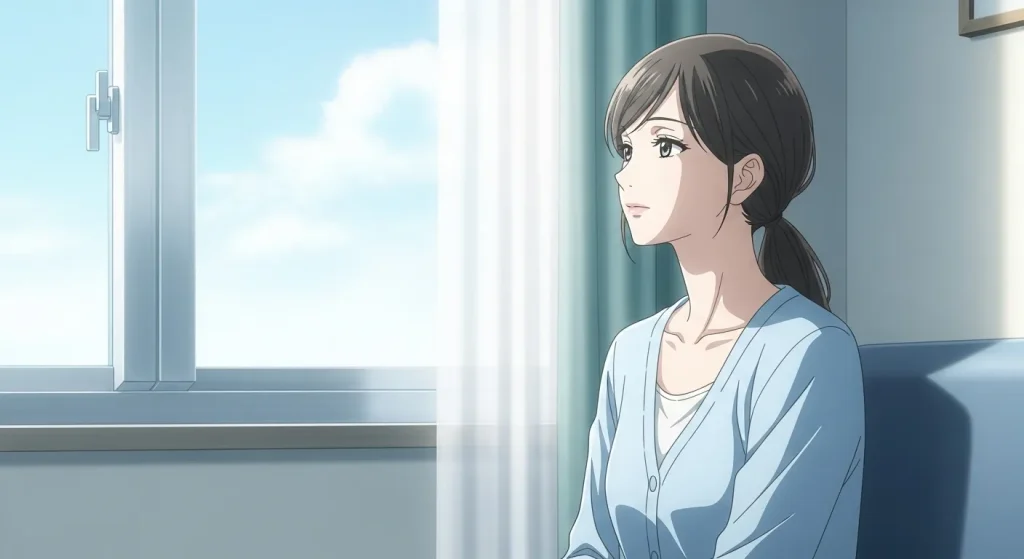 水色が好きな人の繊細な心理やHSP気質をイメージした窓辺で静かに過ごす女性のイラスト