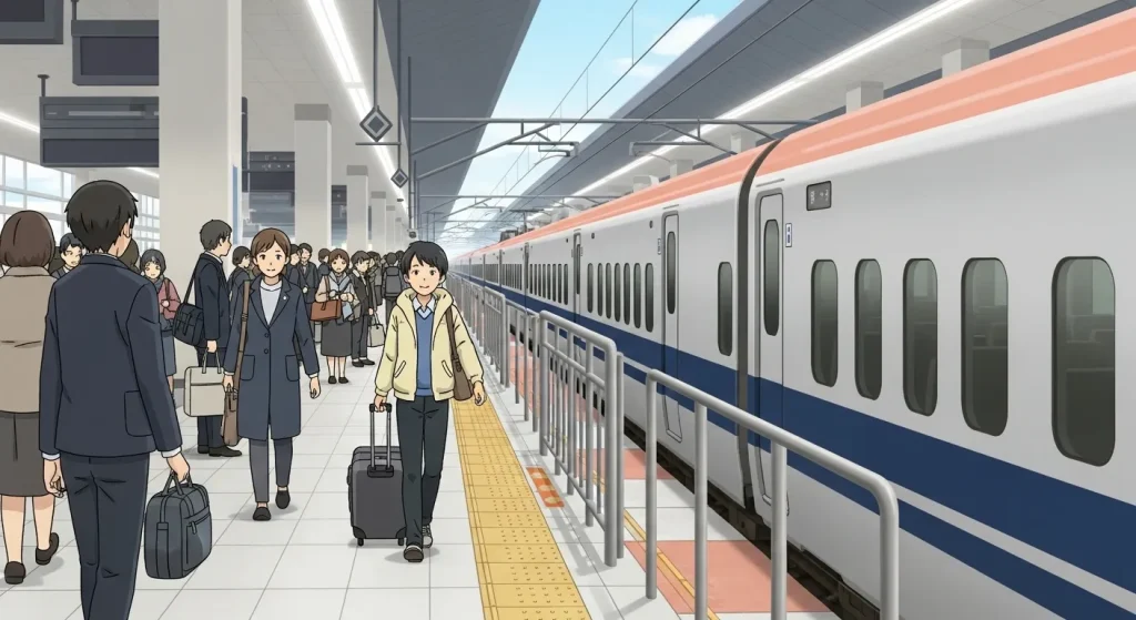 新幹線ホームで中央に人が集中して混雑している様子