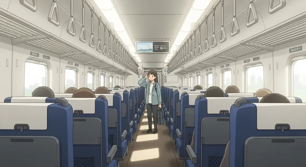 新幹線の車内でどの号車に座るか迷っている乗客の様子