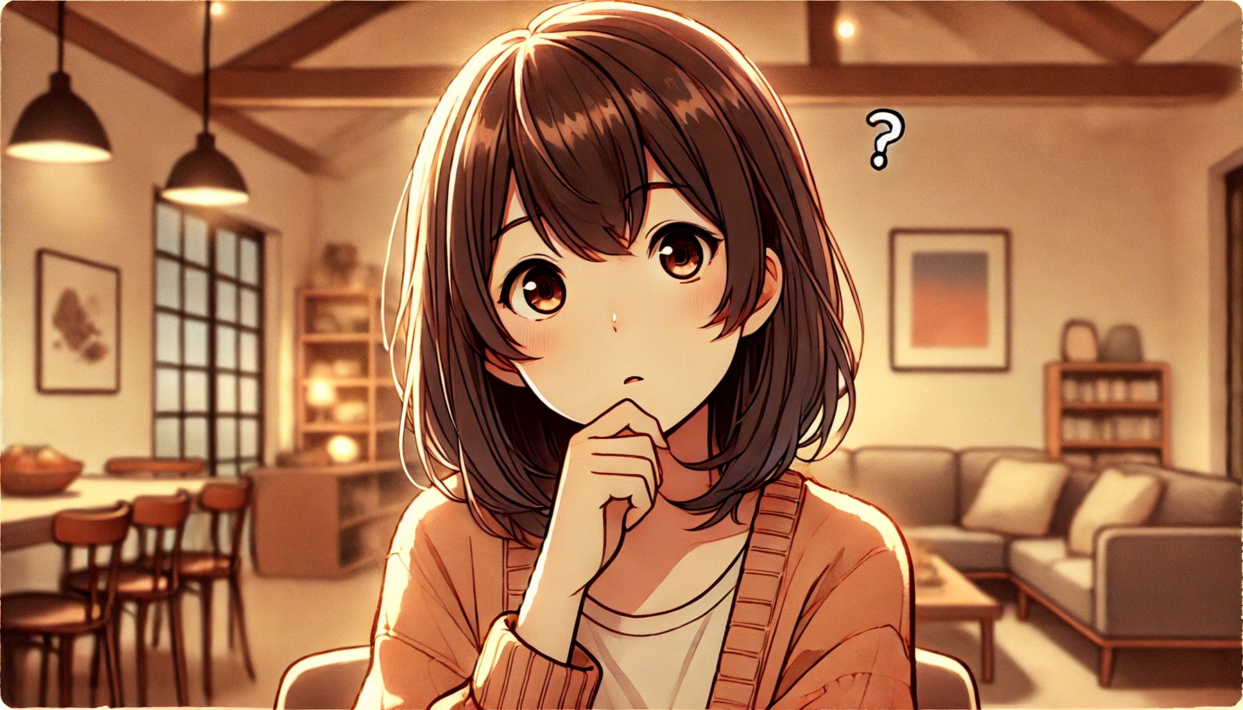 "悩む表情の女性のアニメイラスト。論理的な人とのコミュニケーションに困惑している様子を描いている。