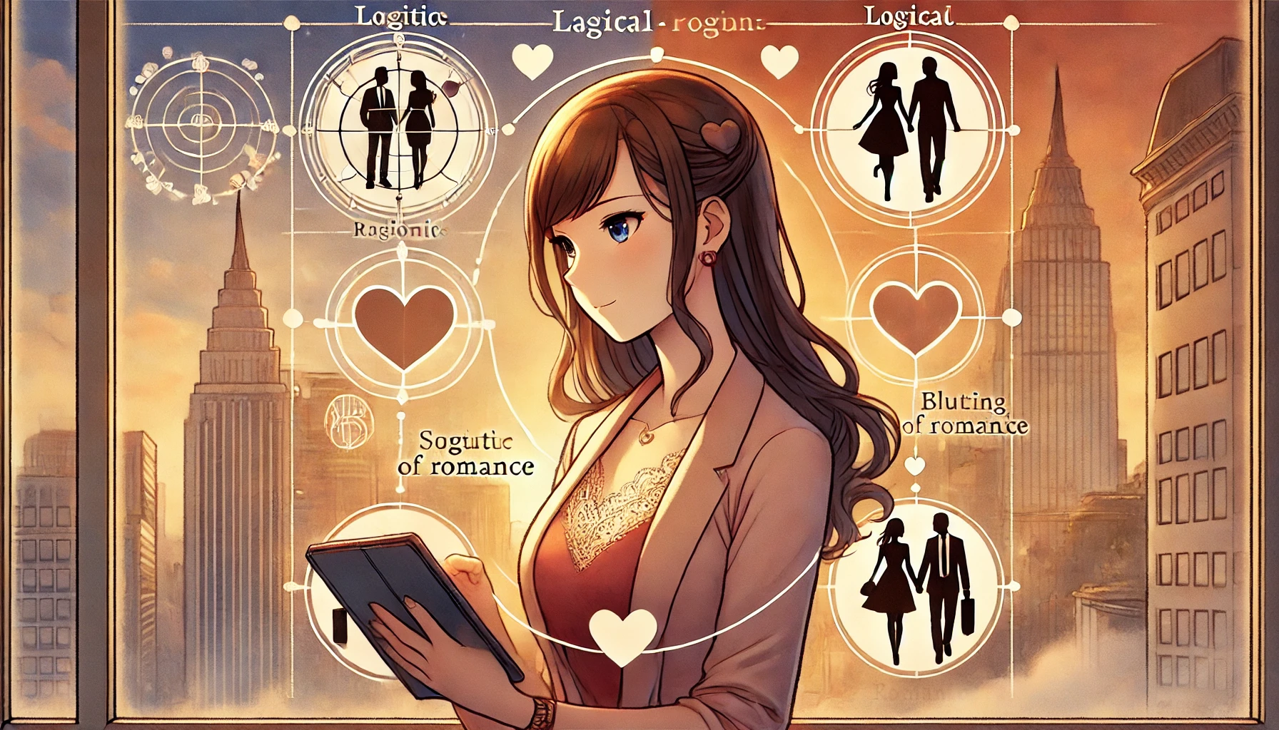 論理的な思考を示しながら、恋愛に対する考えを持つ女性のアニメイラスト
