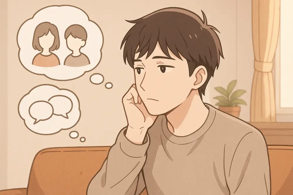 人付き合いや会話に悩む夫の心理を表現したアニメイラスト。思考バブルに人間関係や会話のイメージ