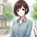 サバサバ女子が男性と向かい合って立ち、穏やかな表情で話しているイラスト。背景はカフェ風の雰囲気。