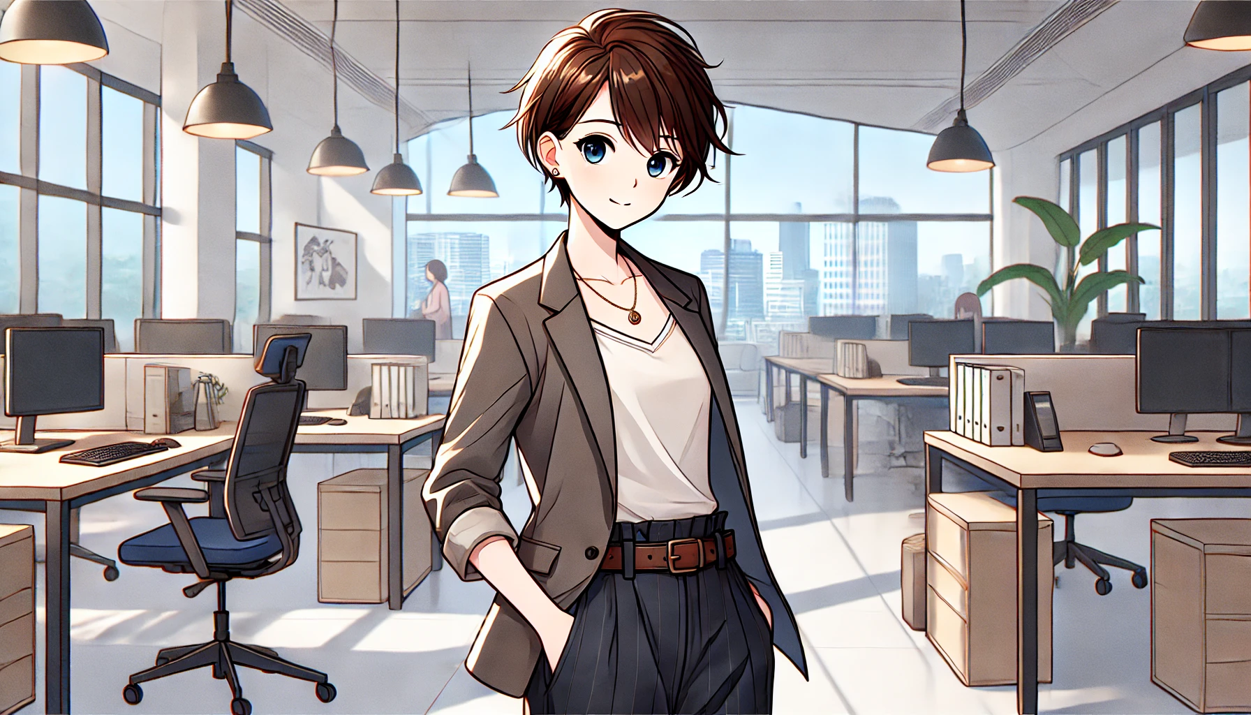サバサバ女子がオフィスでカジュアルな仕事着を着ている様子を描いたイラスト