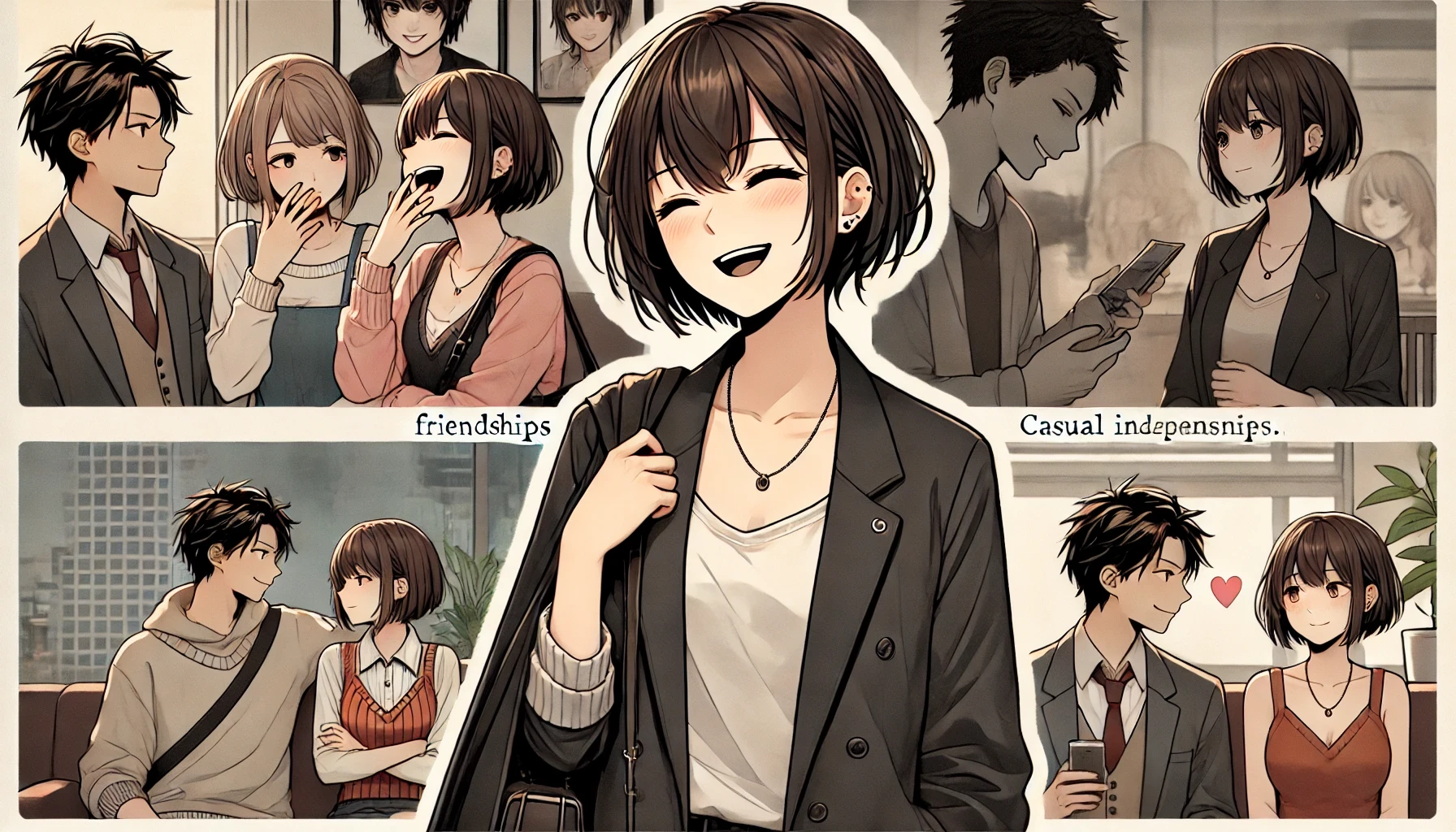 サバサバ女子が友人や恋人と過ごす様子を描いたイラスト、独立した性格の女性がリラックスした雰囲気で会話を楽しんでいる