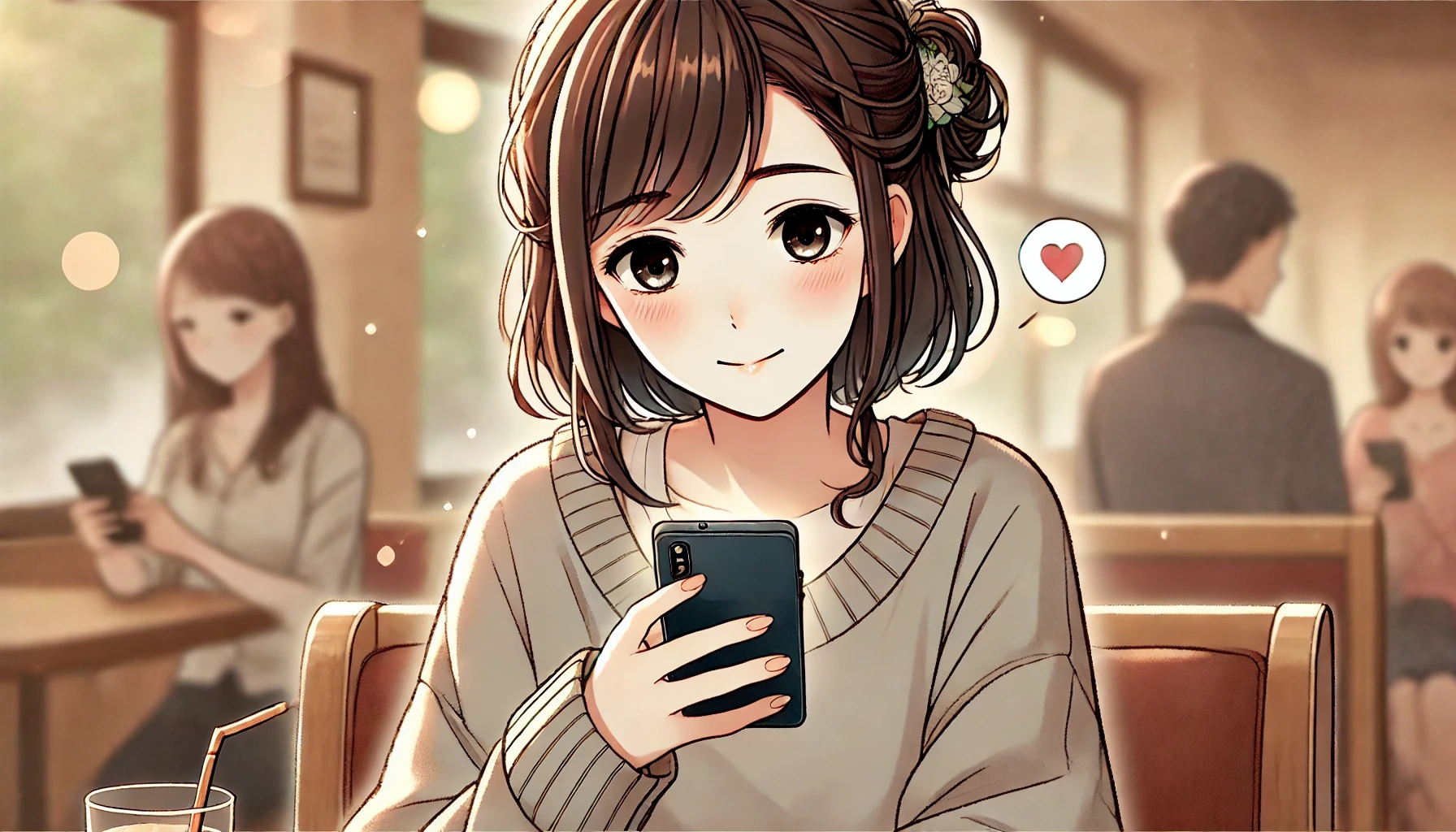 サバサバ女子がカフェでスマートフォンを持ちながら微笑んでいるイラスト。脈ありサインを見抜くシーン。