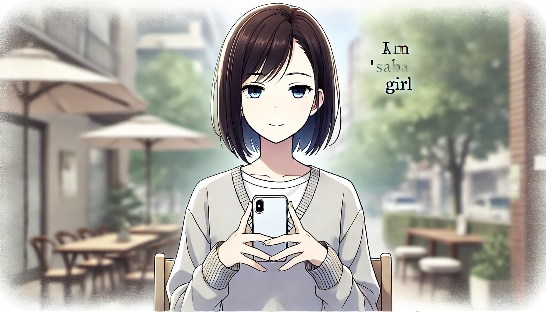 サバサバ女子がカフェでスマートフォンを持ちながら落ち着いた表情で座っているイラスト。シンプルでストレートなLINEの特徴を表現。