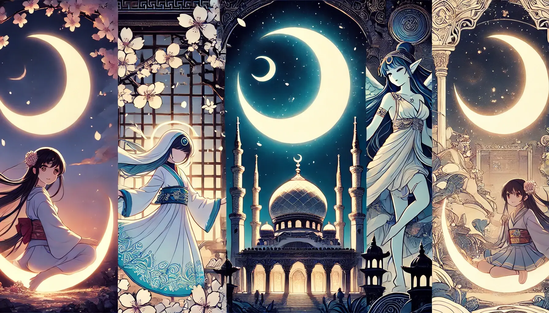 三日月🌙を背景にした神話や宗教的な象徴、日本と中東の要素を含む