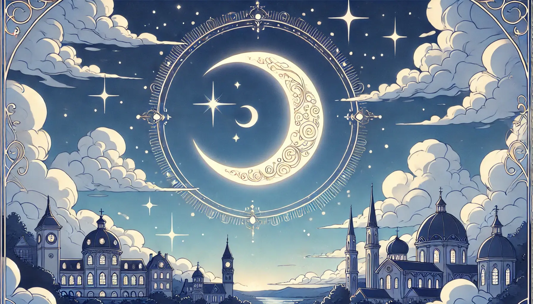 「三日月の絵文字🌙が夜空に輝く様子とヨーロッパ風の建物が並ぶ幻想的な風景