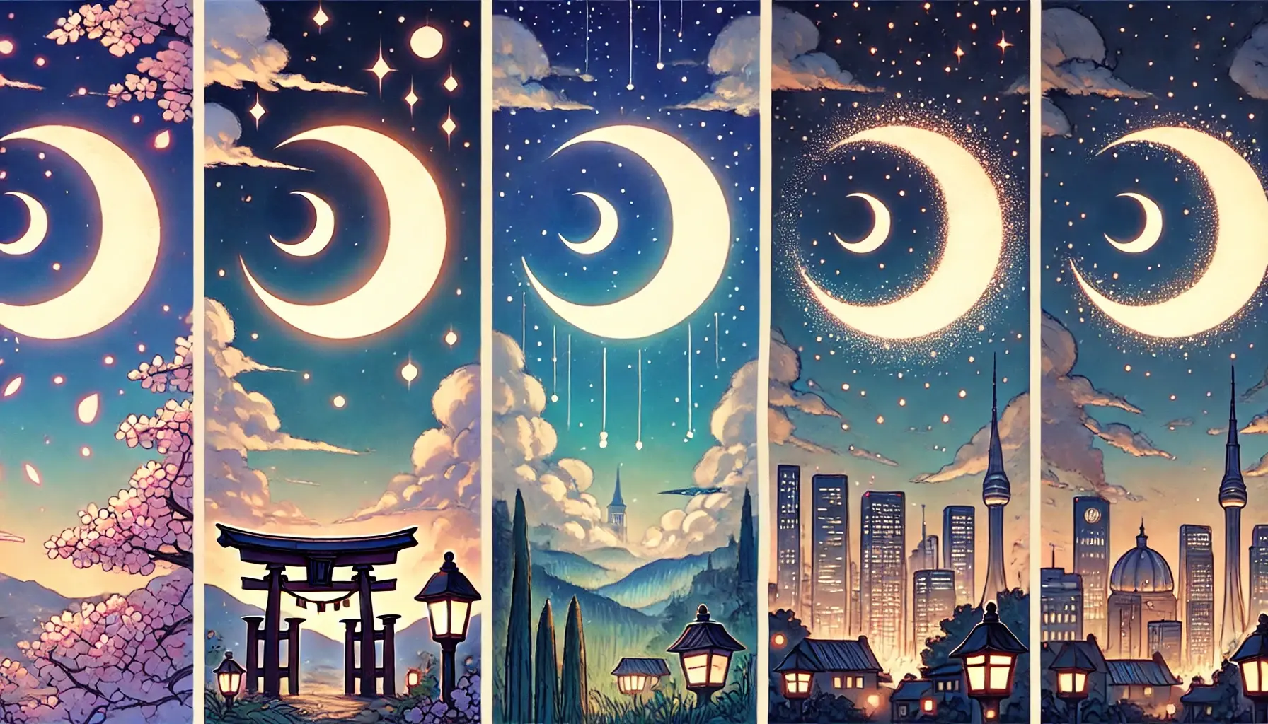 四つの異なる国での三日月🌙の象徴、桜、都市の景観と共に描かれる