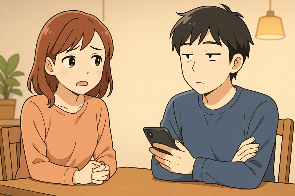 妻の話にあまり興味を示さない夫の様子を描いたイラスト。妻が不安そうに話しかけ、夫はスマホを見ながらそっけなく対応するシーン