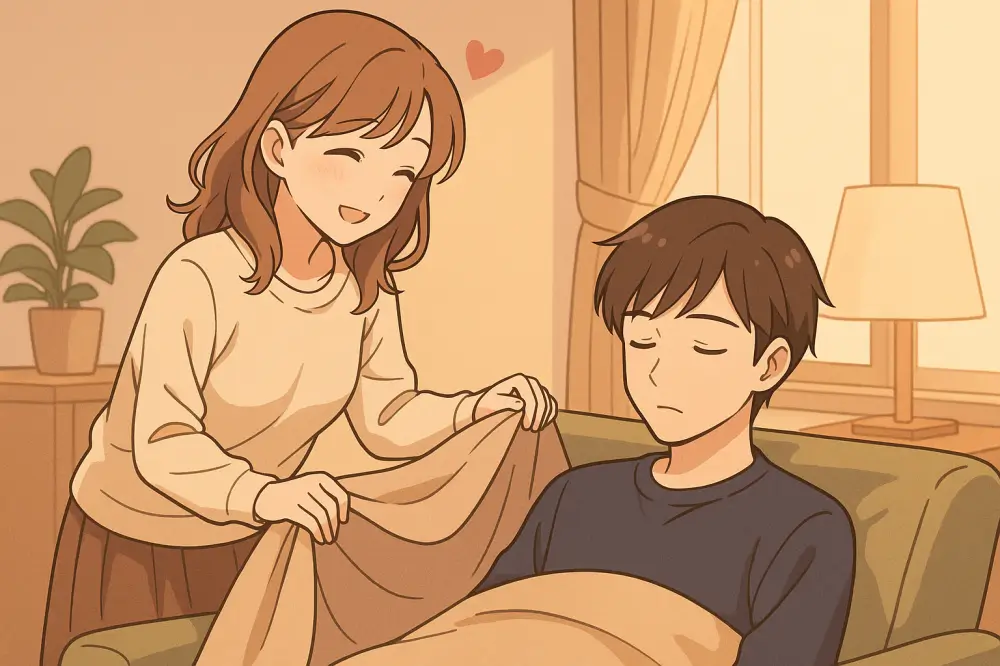 無理をしすぎない妻の優しい接し方を描いたイラスト。眠る夫にブランケットをかけながら微笑む妻の優しさが伝わるシーン