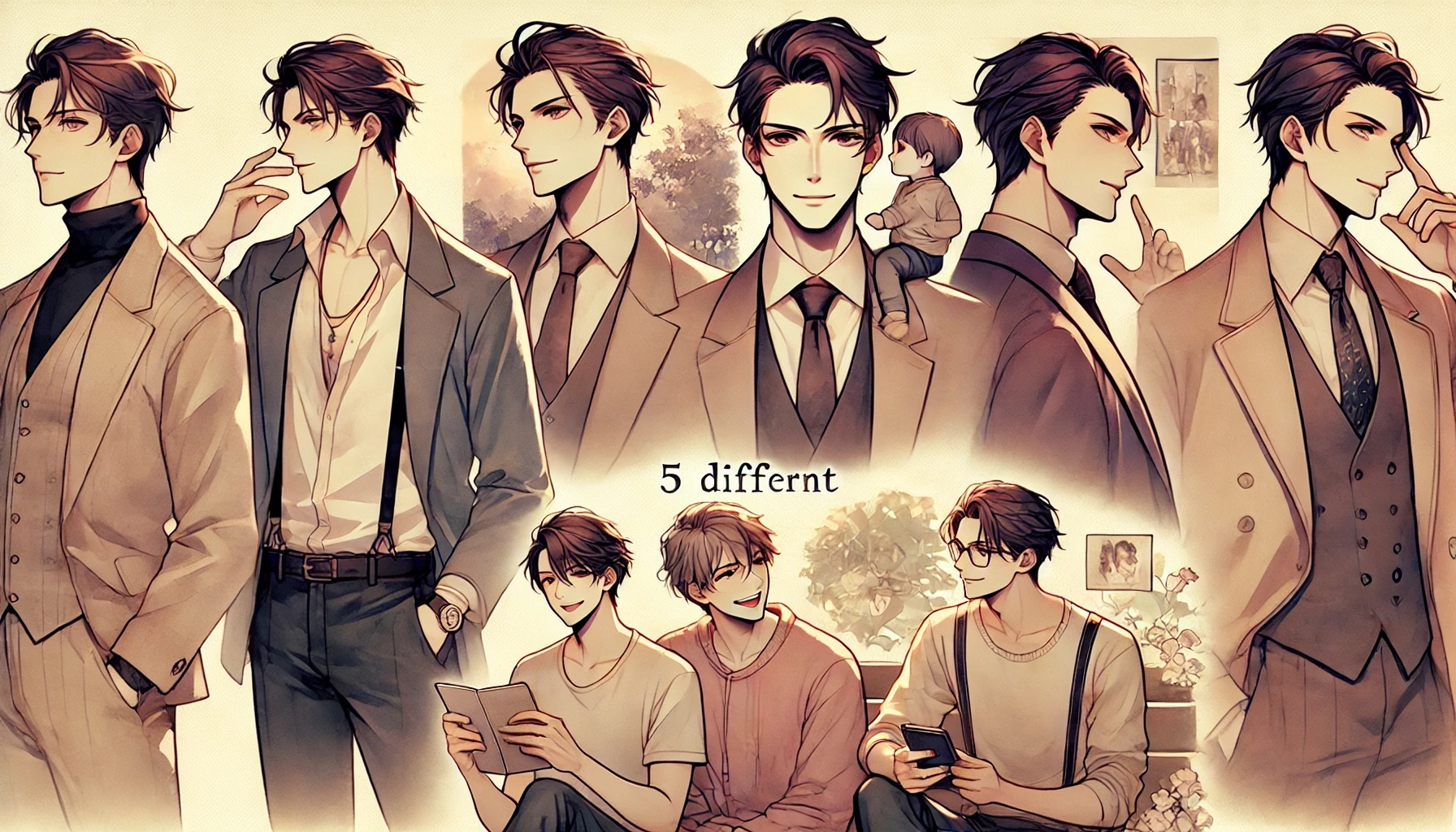 独特な雰囲気を持つ男性のスタイルや関わり方を5つのシーンで解説したイラスト