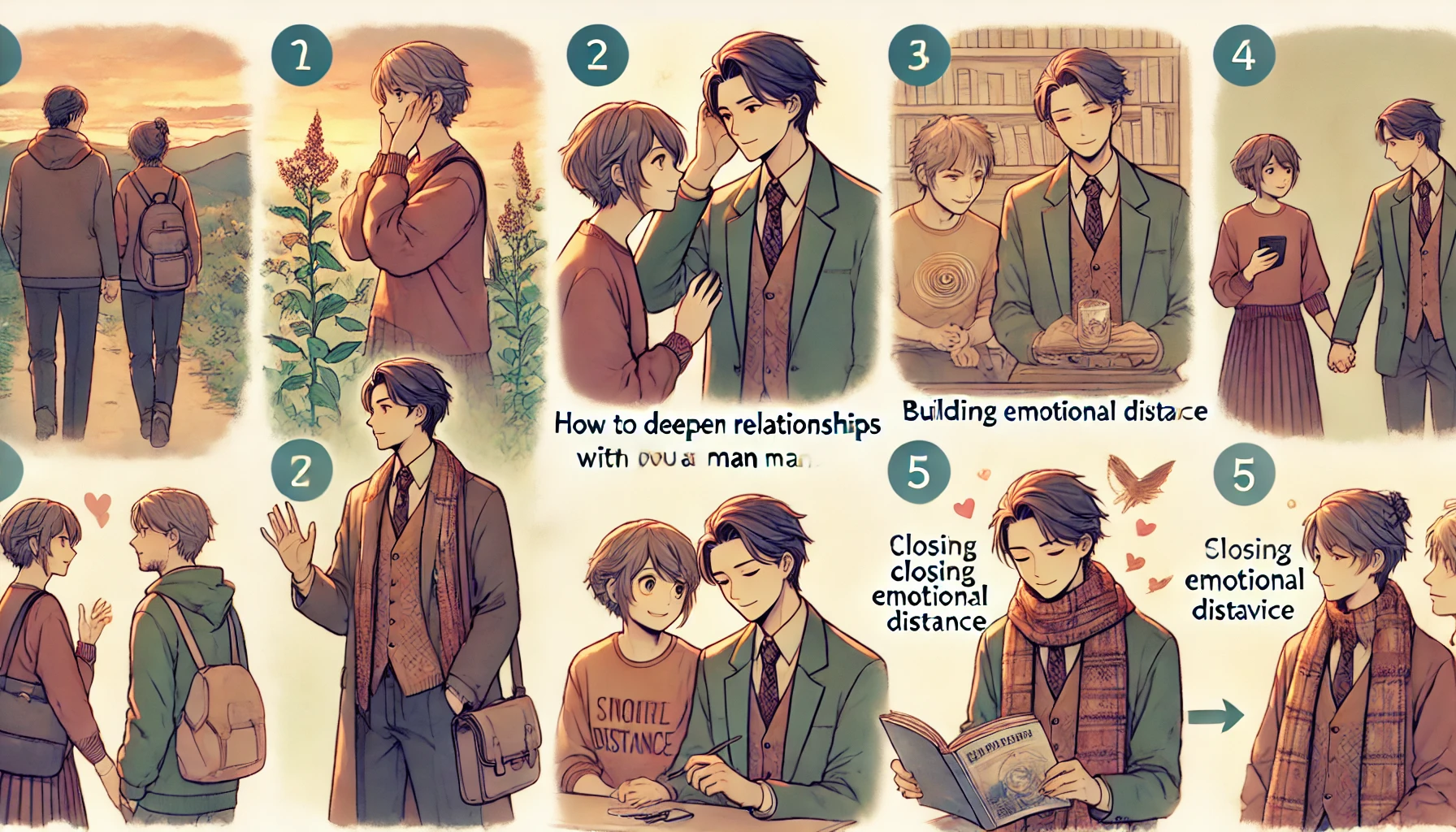 独特な雰囲気を持つ男性と女性がコミュニケーションを深める様子を描いたイラスト