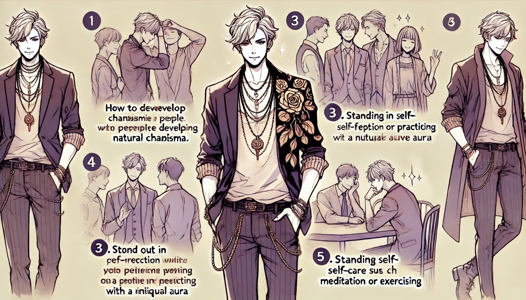 独特な雰囲気を持つ男性が魅力を発揮し、自己表現を高めるための5つのシーンを描いたイラスト