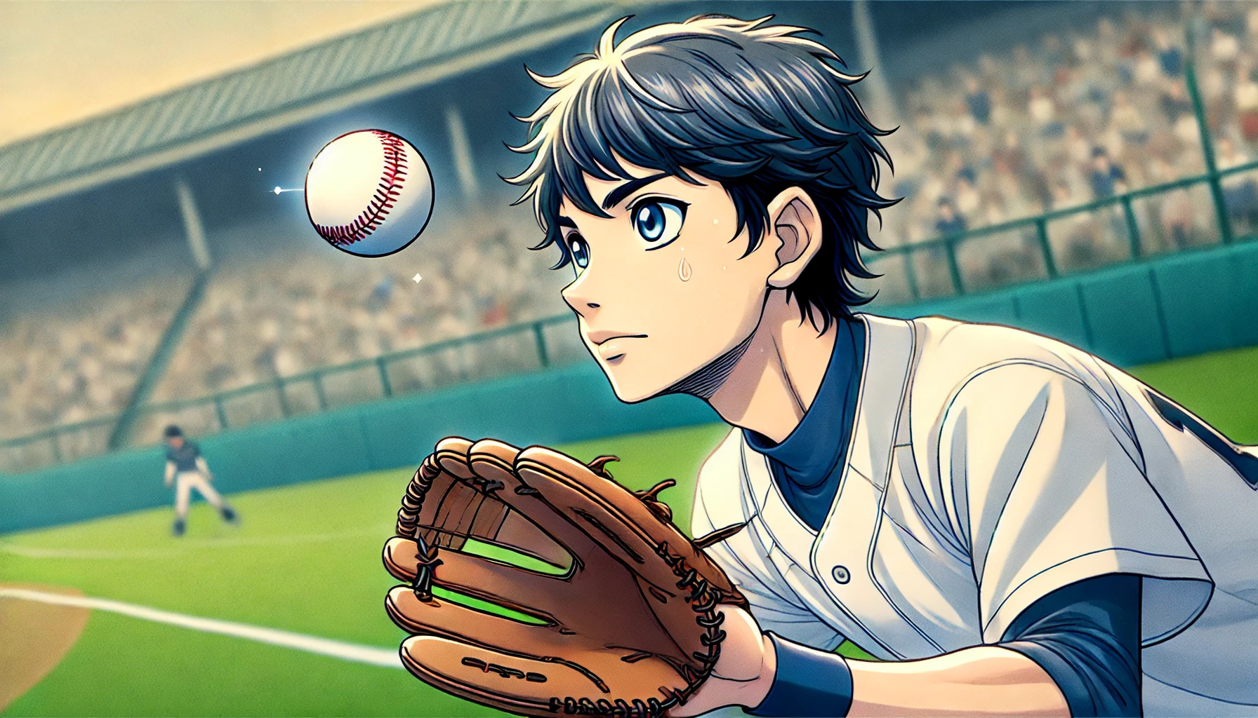 野球のライトに求められる性格を解説するイラスト。プレイヤーがフライボールをキャッチする瞬間。