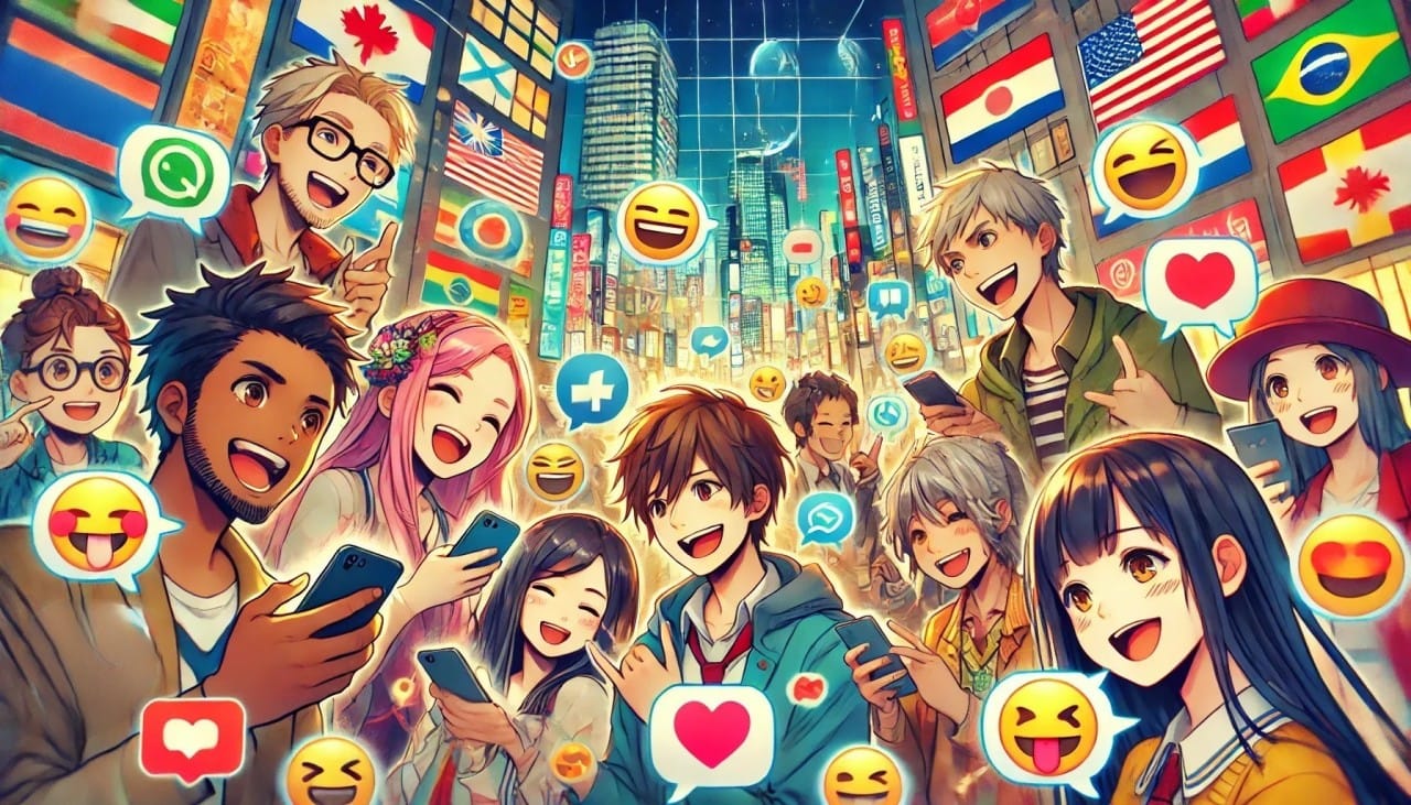 世界中のSNSユーザーがスマホで『😂』を使いながら会話している様子を描いたイラスト。背景には各国の国旗が表示され、SNSでの感情表現が強調されている。