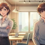 オフィスで自信に満ちた表情のサバサバ系女性と、少し緊張した表情の男性が並んでいるイラスト