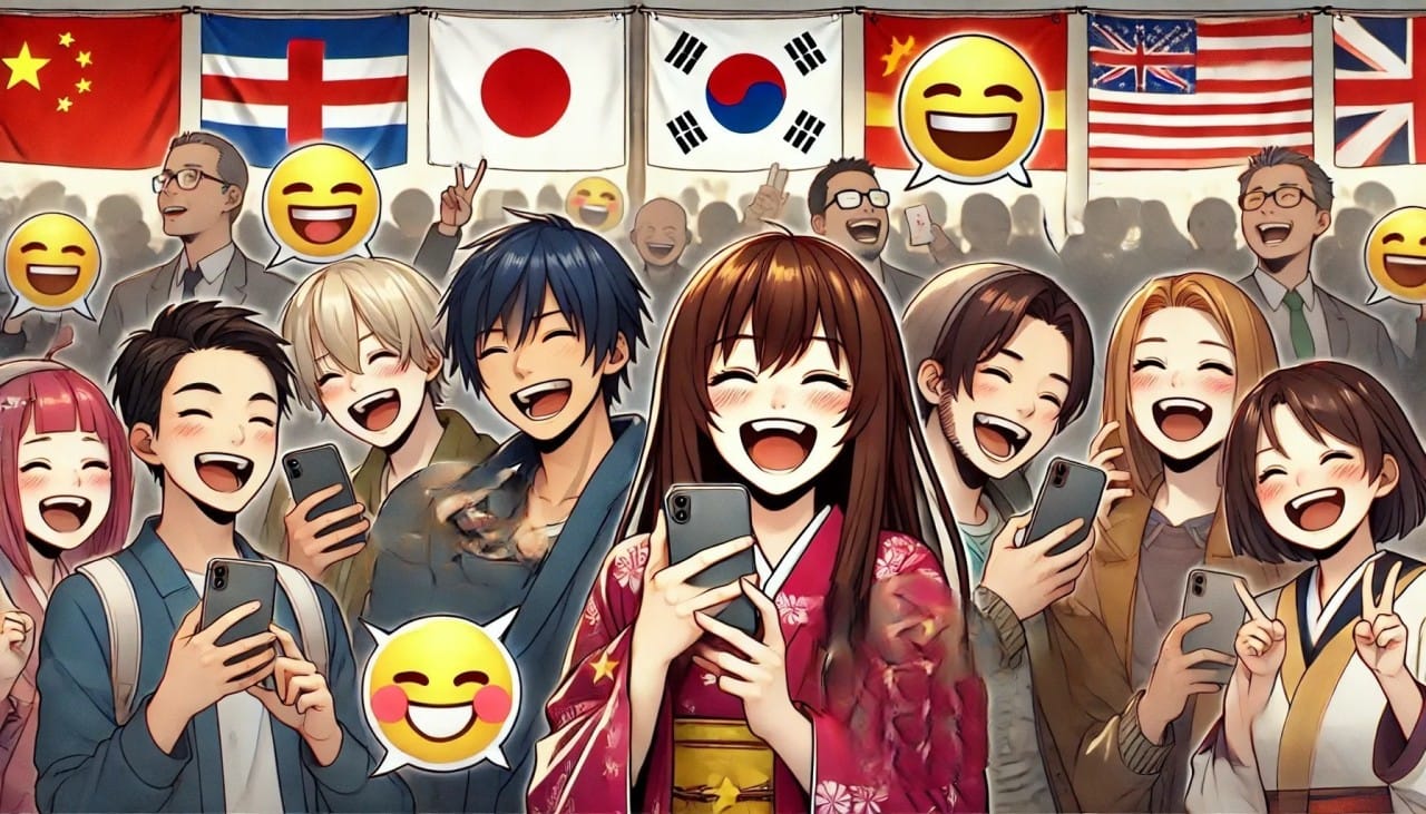 日本、韓国、中国の若者がスマホを使いながら『😂』の絵文字を使って会話をしている様子を描いたイラスト。背景には各国の国旗があり、アジア各国での『😂』の使い方が強調されている。