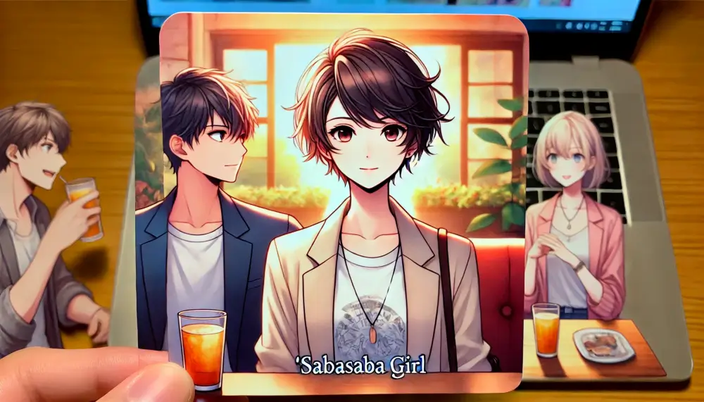 サバサバ女子と男性がデートを楽しんでいるアニメイラスト。カフェの落ち着いた雰囲気の中で親しげに話す様子が描かれている