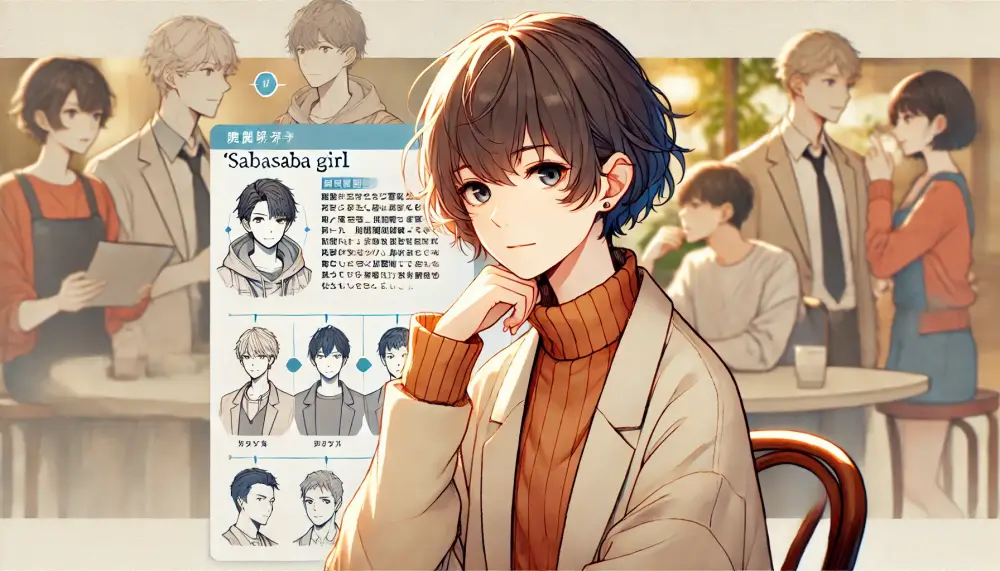 サバサバ女子が理想の恋愛対象について考えているアニメイラスト。背景にはさまざまなタイプの男性キャラクターが描かれ、恋愛観を反映している