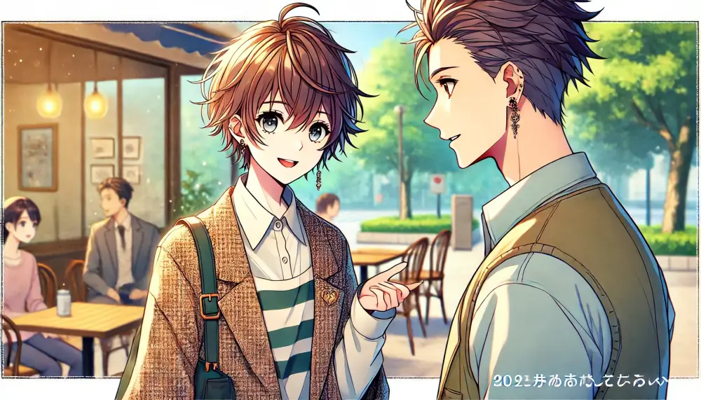 サバサバ女子と男性が公園のベンチで会話を楽しんでいるアニメイラスト。サバサバ女子に好かれるためのアプローチ方法を象徴するシーン