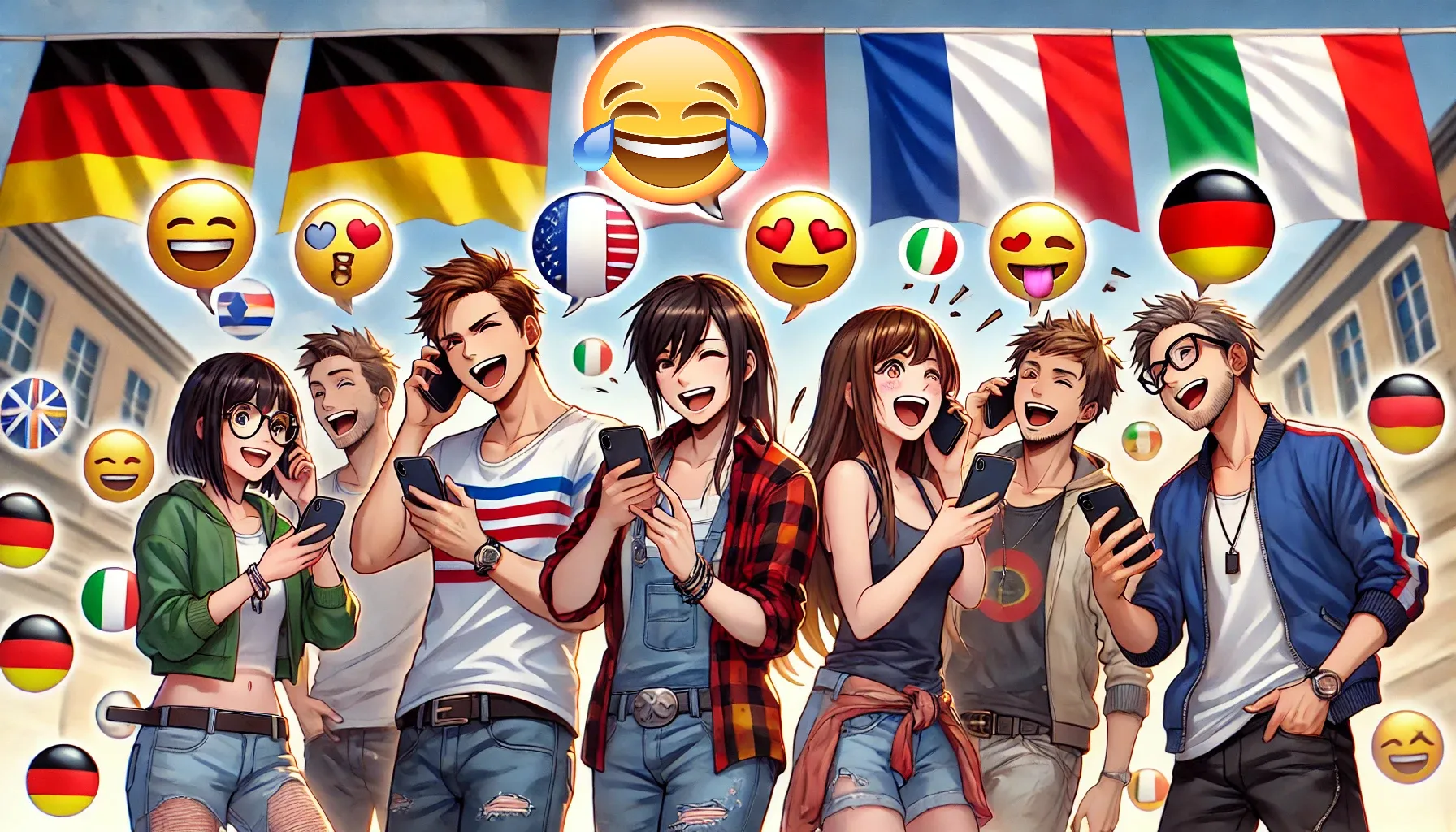 ドイツ、フランス、イタリアの若者がスマホを使って『😂』の絵文字を使いながら会話をしている様子を描いたイラスト。背景には各国の国旗が表示され、ヨーロッパでの『😂』の使い方が示されている。