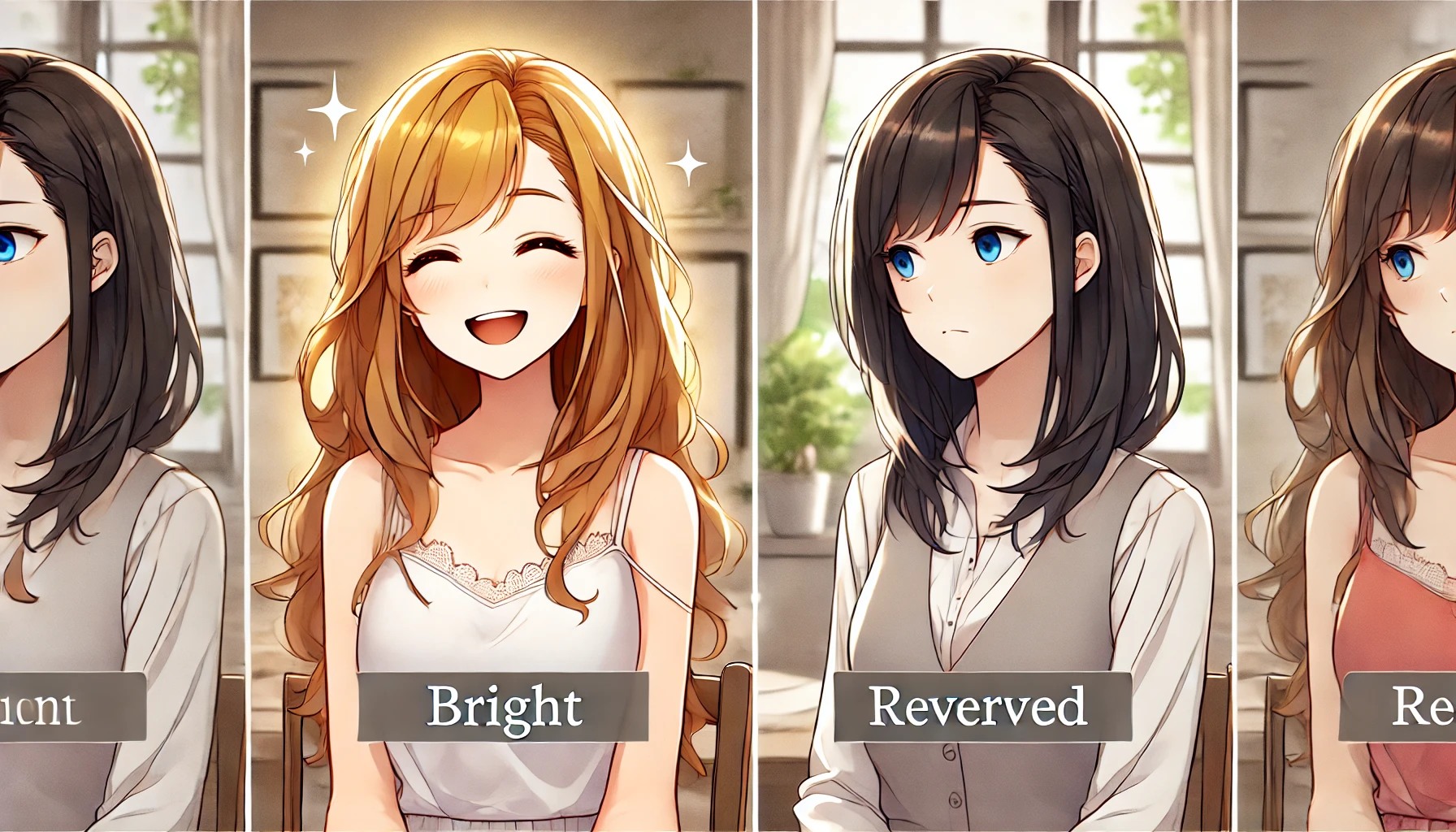 明るい性格と暗い性格の女性キャラクターが対人関係において異なる影響を与える様子を描いたイラスト