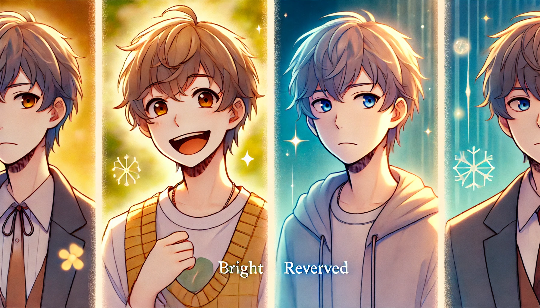 明るい性格の男性キャラクターと、暗い性格の男性キャラクターが並んで性格の違いを表現するイラスト