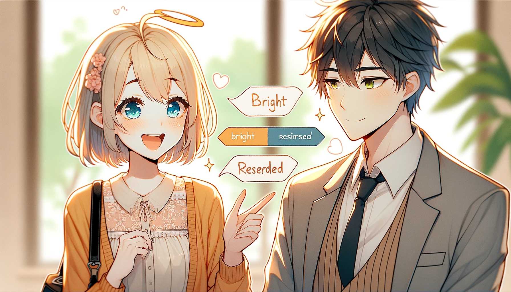 明るい性格の女性キャラクターと暗い性格の男性キャラクターが互いに補完し合う関係性を示すイラスト