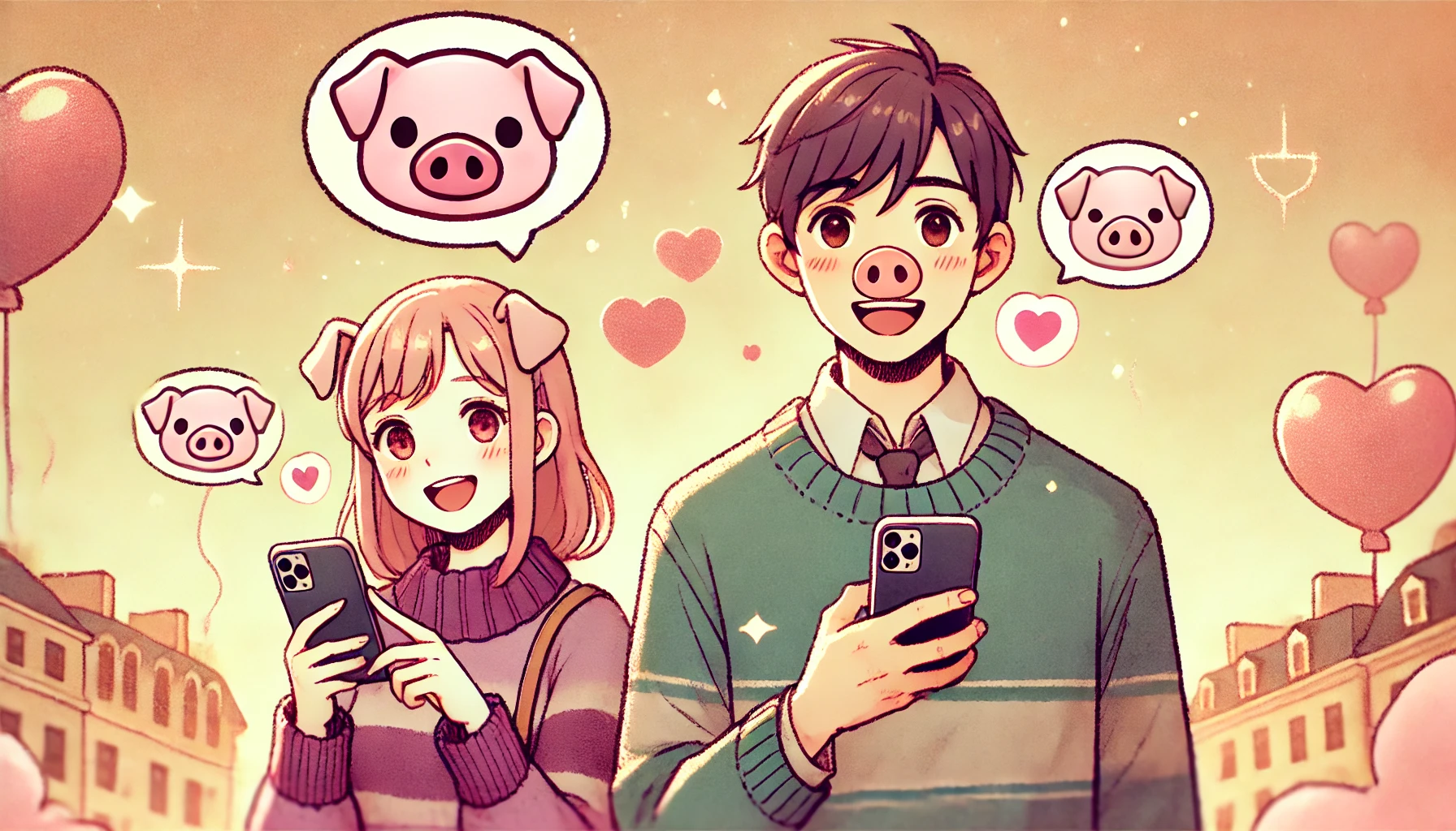 スマホを持っている男性と女性が、豚の顔🐷絵文字を使ってやり取りをしている様子を描いたイラスト。二人とも楽しそうに微笑み、背景にはハートが浮かんでいる。