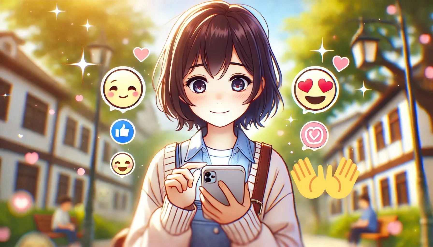 女性キャラクターがスマートフォンを見て、周囲にハートや「👐」、スマイルの絵文字が浮かぶ、カジュアルな服装のイラスト。