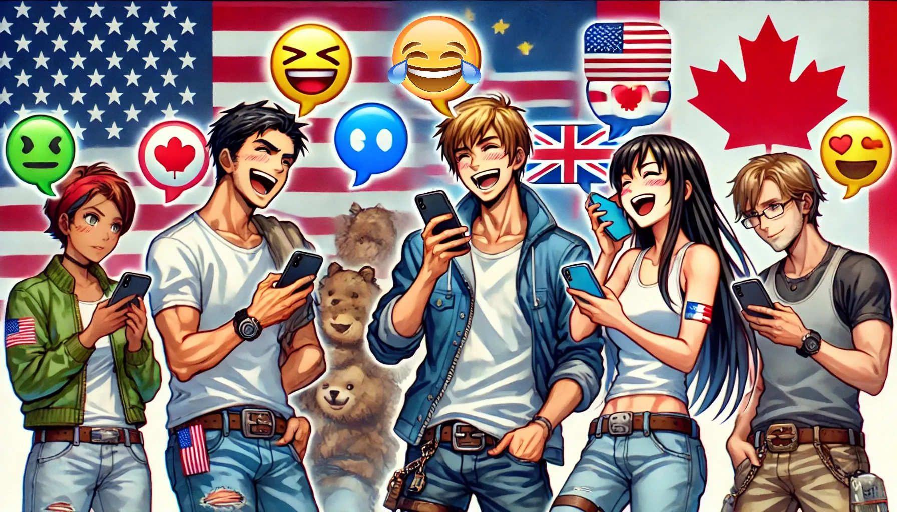 アメリカ、イギリス、カナダの若者がカジュアルな服装でスマホを使いながら『😂』の絵文字を使って会話をしている様子を描いたイラスト。背景には各国の国旗が掲げられている。