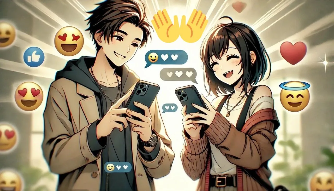 男女のキャラクターがスマホを使って👐 絵文字を含むメッセージでコミュニケーションを取るシーンを描いたイラスト