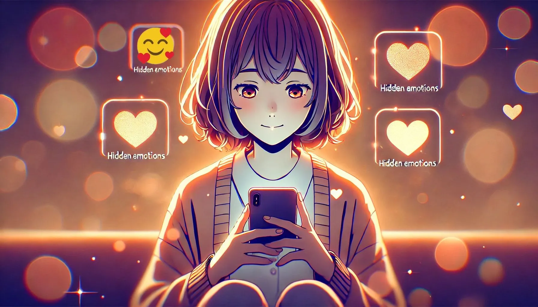 静かにスマートフォンを見つめ、「🥰」の絵文字が浮かぶ日本人女性のイラスト。