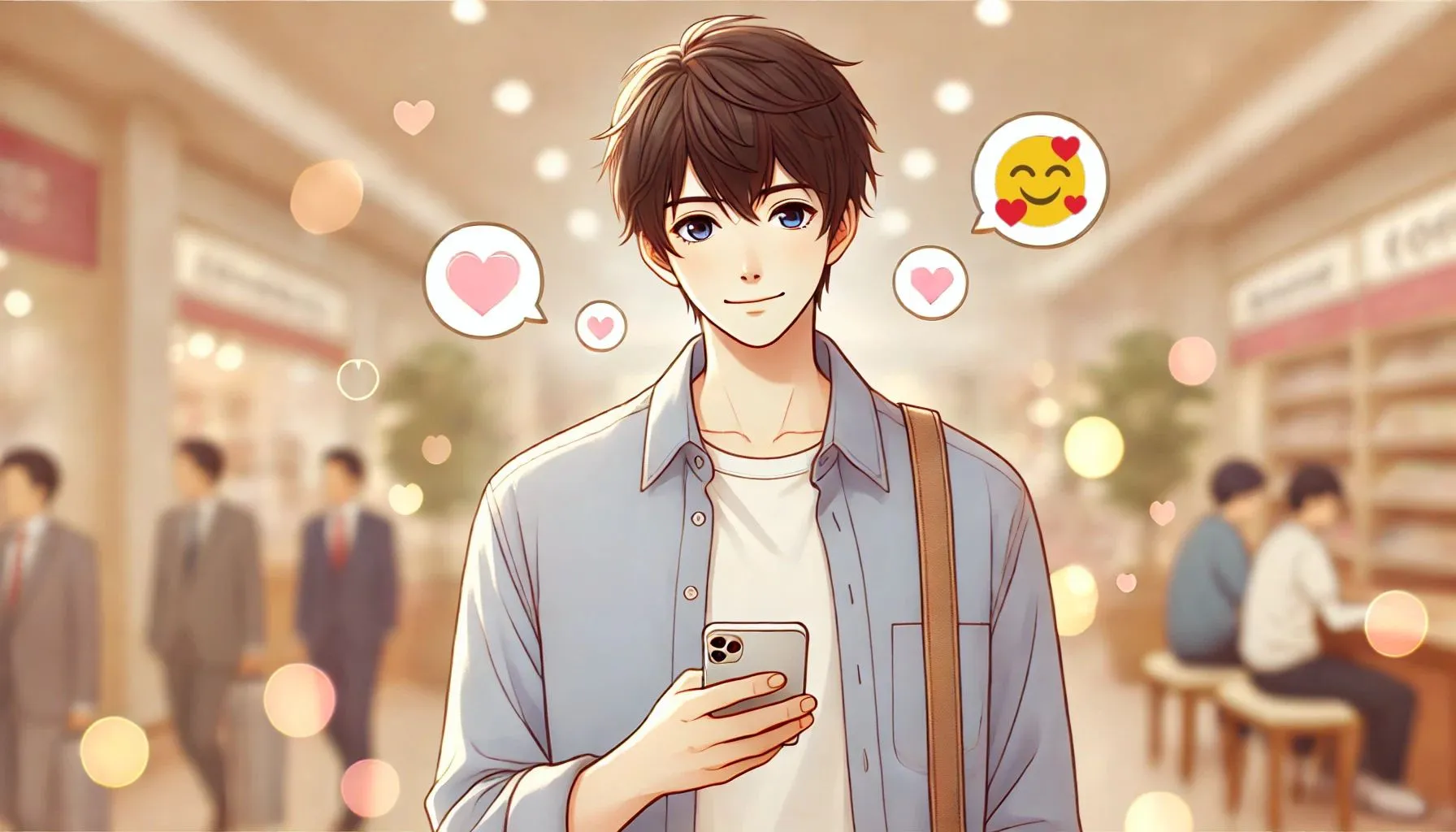 カジュアルな服装の男性キャラクターがスマートフォンで愛情を示すメッセージを送る