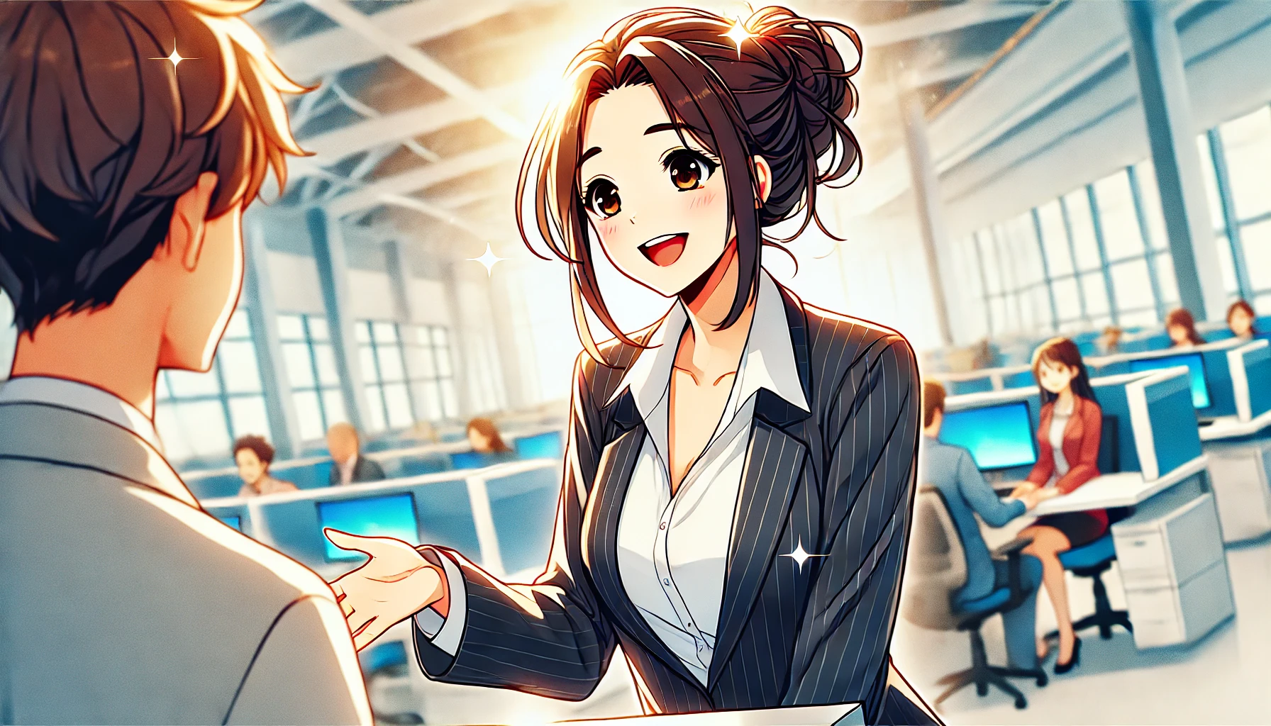 職場で明るく話しかける女性。オフィス環境と温かい雰囲気が感じられるイラスト。