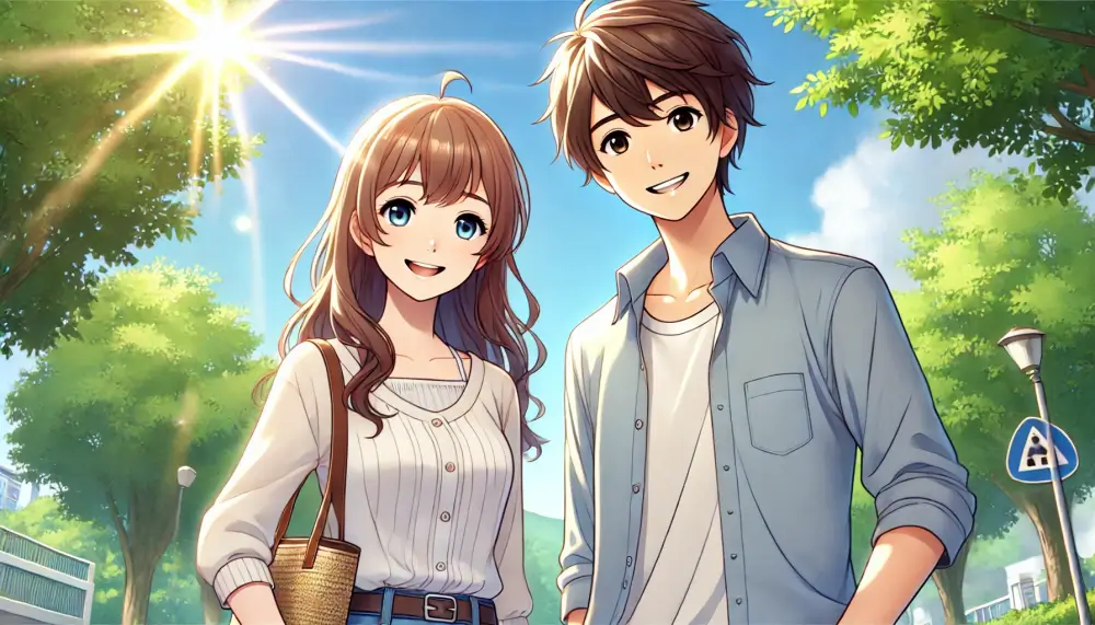 公園の道で並んで歩く若いカップルのイラスト。明るい性格が恋愛に与える好影響を表現。