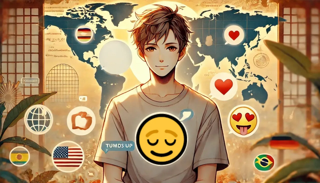 カジュアルな服装の男性が、世界地図と絵文字に囲まれている様子。国際的なコミュニケーションの象徴的なイラスト。