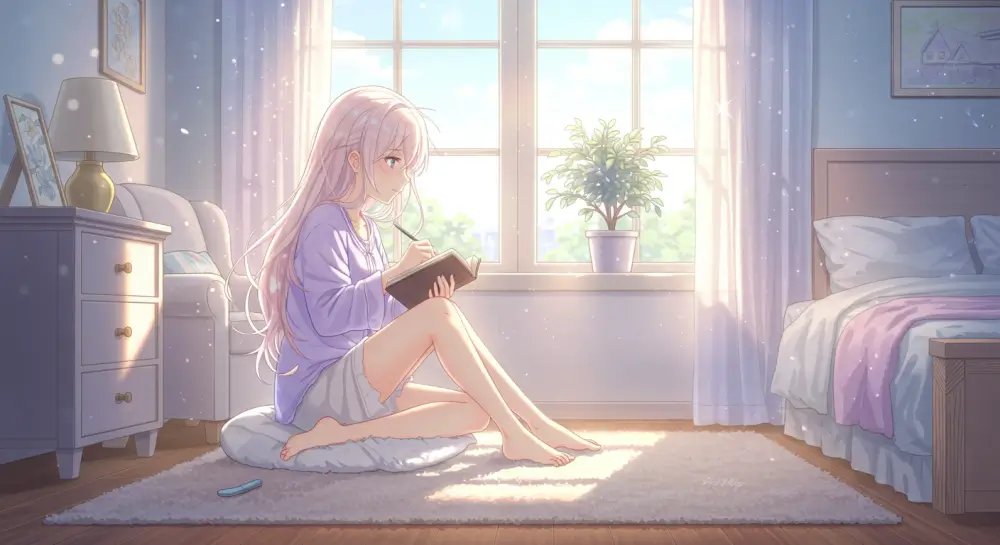 朝の柔らかな光が差し込む部屋で、日記を書きながら自己整理をする若い女性のイラスト。自分の心と向き合い、前向きに気持ちを整えている様子を表現。