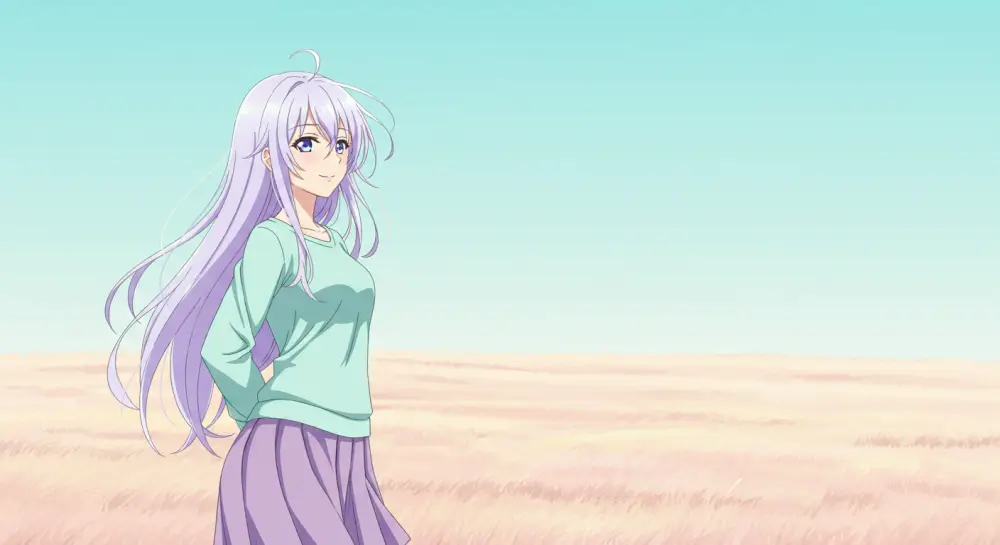 広い草原に立ち、優しく穏やかな表情で遠くを見つめる若い女性のアニメイラスト。周囲に振り回されず、自分のペースで生きる姿が描かれている。