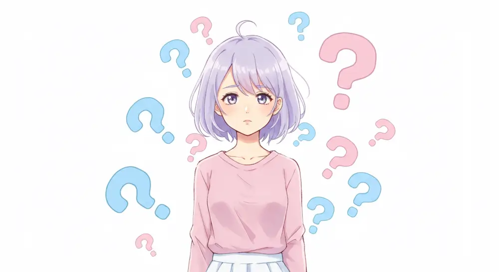 疑問符に囲まれながら少し困惑した表情で立つ若い女性のイラスト。気にしすぎに関するよくある悩みや迷いを表現している