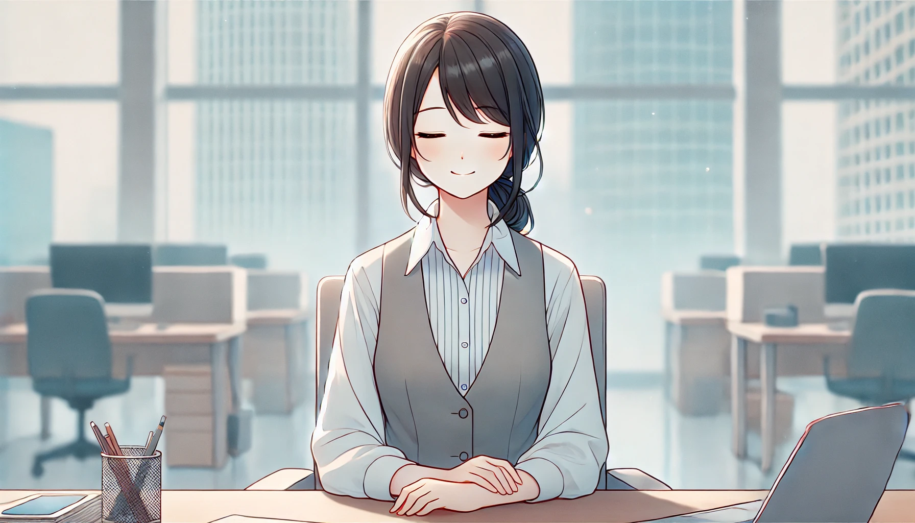 穏やかな表情でリラックスする女性オフィスワーカーがデスクに座っているイラスト。職場で他人の目を気にせずに働く心の持ち方を表現。