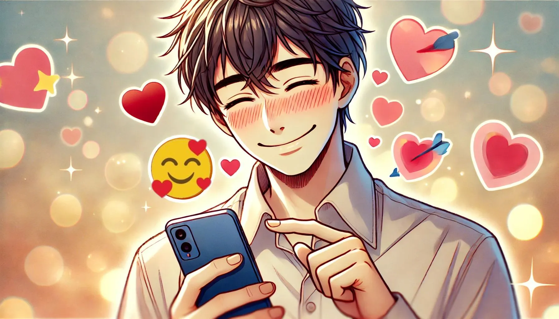 スマートフォンで『🥰』を使ったメッセージを送る笑顔の男性キャラクター