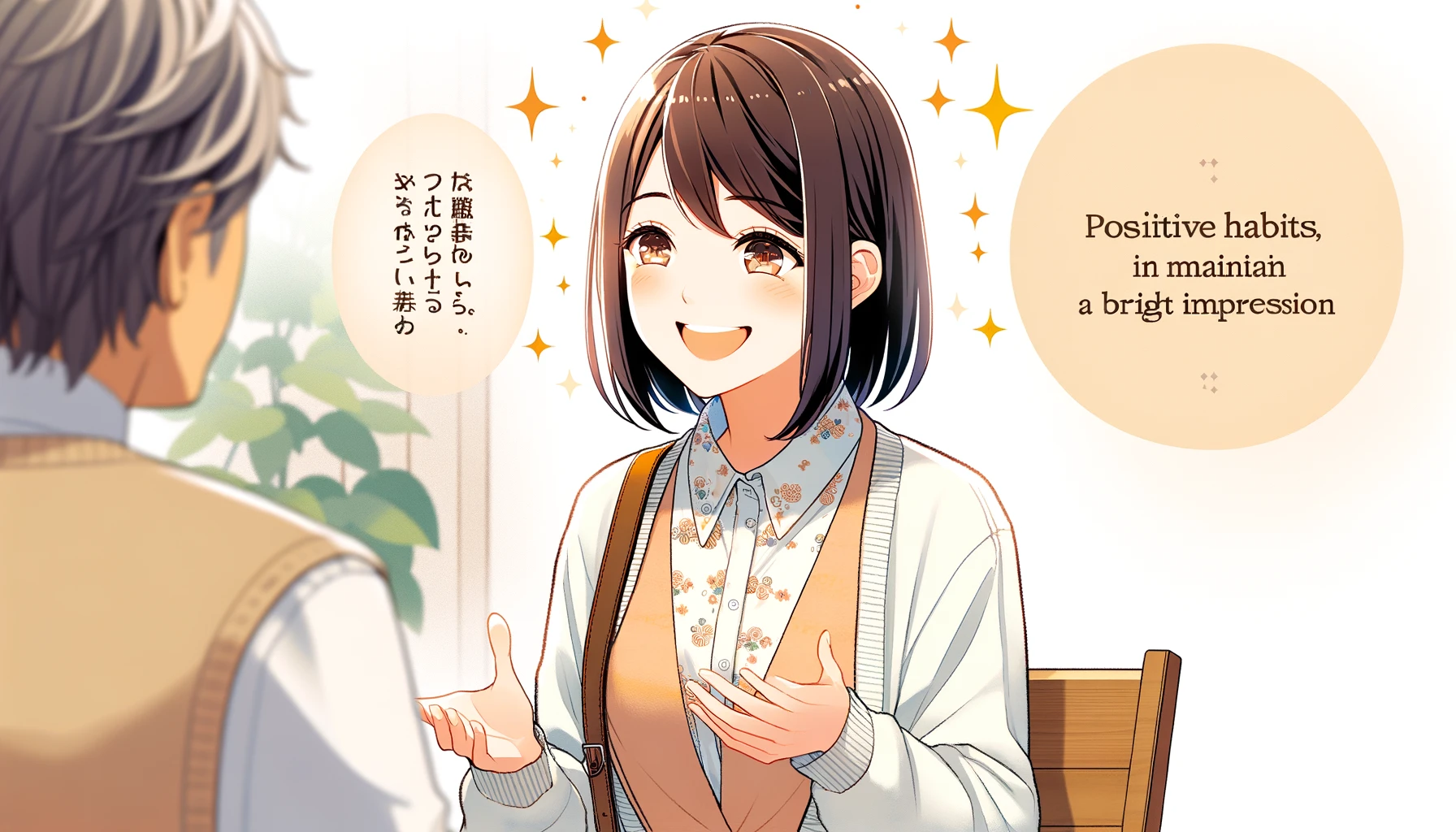 ポジティブなフレーズを使いながら明るい印象を与える女性キャラクター