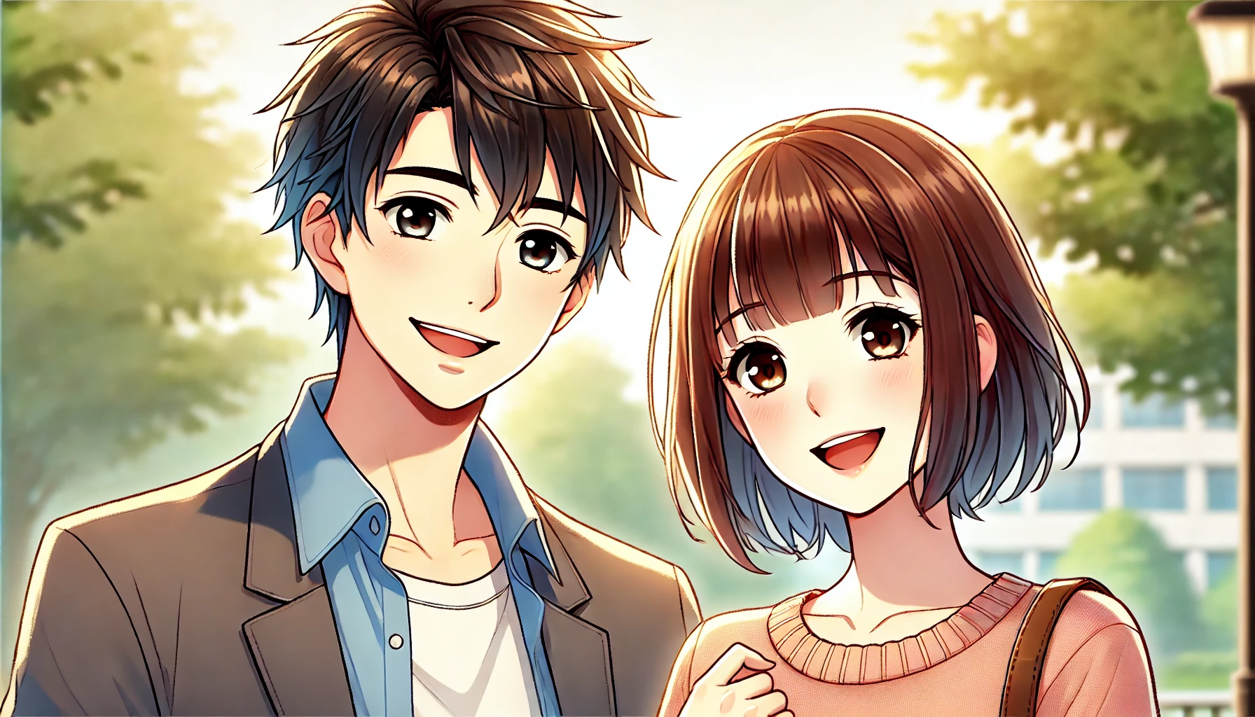 明るく前向きな表情の男性と女性のキャラクターが、好印象を与えるコミュニケーションのコツを表現している