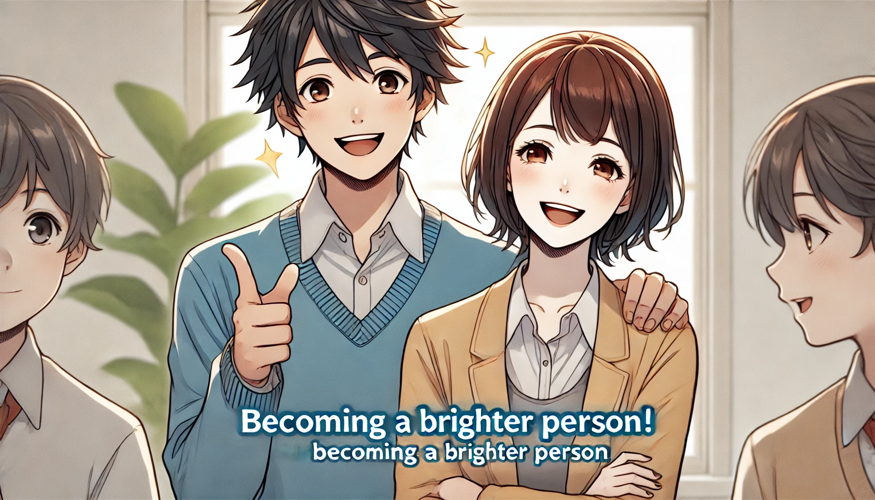 明るく前向きな男性と女性キャラクターが、楽しげに対話しながらポジティブなアドバイスを共有している