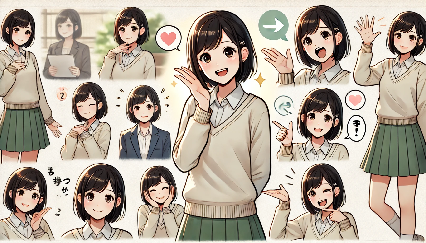笑顔の女性キャラクターが、様々な表情やポーズでポジティブな習慣を実践する様子