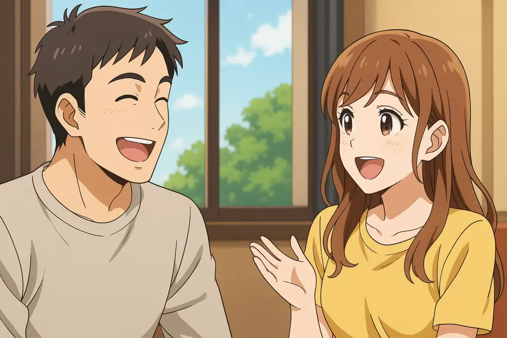 室内で笑顔で話し合う男女のアニメイラスト。明るい性格が恋愛に好影響を与える様子を描写