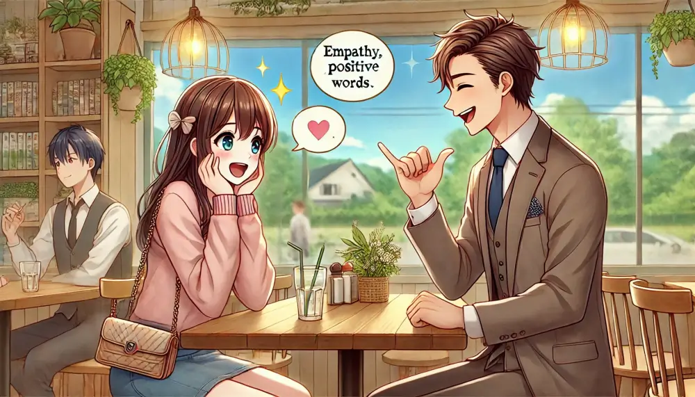 カフェで楽しそうに会話をする男女のアニメイラスト。共感とポジティブな言葉を使った恋愛会話術のシーン